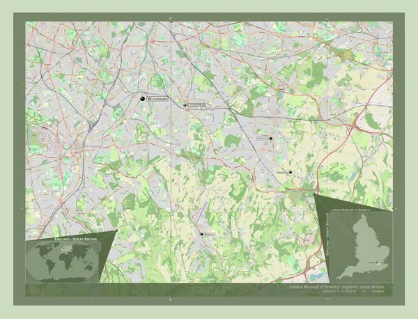 伦敦布罗姆利自治区 英国伦敦自治区 开放街道地图 该区域主要城市的地点和名称 角辅助位置图 — 图库照片