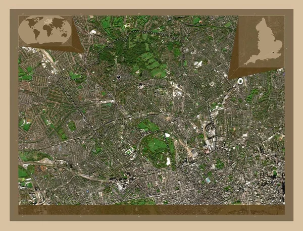 英国伦敦坎顿自治市卡姆登的伦敦自治区 低分辨率卫星地图 该区域主要城市的所在地点 角辅助位置图 — 图库照片