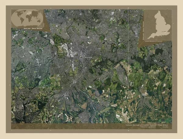 英国伦敦克罗伊顿区的伦敦自治区 大不列颠 高分辨率卫星地图 该区域主要城市的地点和名称 角辅助位置图 — 图库照片