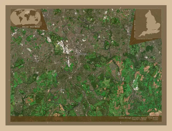 英国伦敦克罗伊顿区的伦敦自治区 大不列颠 低分辨率卫星地图 该区域主要城市的地点和名称 角辅助位置图 — 图库照片