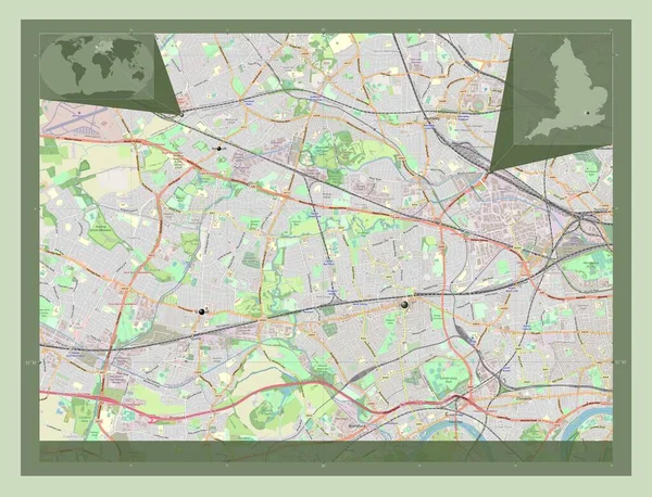英国伦敦伊灵区的伦敦自治区 大不列颠 开放街道地图 该区域主要城市的所在地点 角辅助位置图 — 图库照片