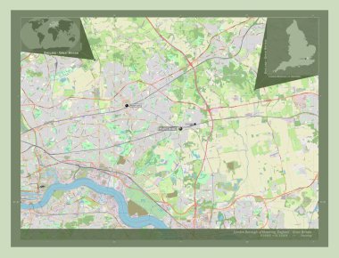 Londra Havering İlçesi, İngiltere 'nin Londra ilçesi, Büyük Britanya. Açık Sokak Haritası. Bölgenin büyük şehirlerinin yerleri ve isimleri. Köşedeki yedek konum haritaları
