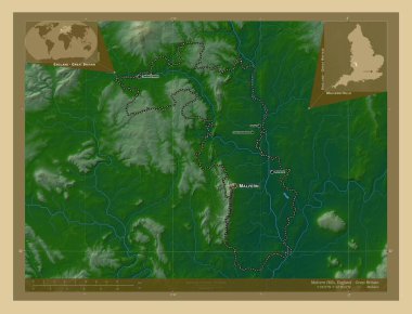 Malvern Hills, İngiltere 'nin metropolitan olmayan bölgesi, Büyük Britanya. Gölleri ve nehirleri olan renkli yükseklik haritası. Bölgenin büyük şehirlerinin yerleri ve isimleri. Köşedeki yedek konum haritaları
