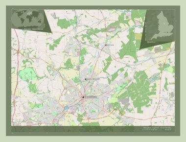 Mansfield, İngiltere 'nin metropolitan olmayan bölgesi, Büyük Britanya. Açık Sokak Haritası. Bölgenin büyük şehirlerinin yerleri ve isimleri. Köşedeki yedek konum haritaları