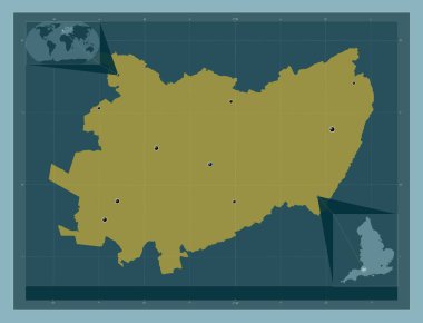 Mendip, İngiltere 'nin metropolitan olmayan bölgesi, Büyük Britanya. Katı renk şekli. Bölgenin büyük şehirlerinin yerleri. Köşedeki yedek konum haritaları