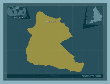 Middlesbrough, İngiltere 'nin üniter otoritesi Büyük Britanya. Katı renk şekli. Bölgenin büyük şehirlerinin yerleri ve isimleri. Köşedeki yedek konum haritaları