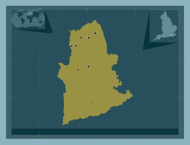 Köstebek Vadisi, İngiltere 'nin metropolitan olmayan bölgesi, Büyük Britanya. Katı renk şekli. Bölgenin büyük şehirlerinin yerleri. Köşedeki yedek konum haritaları