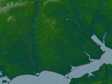 Yeni Orman, İngiltere 'nin metropolitan olmayan bölgesi, Büyük Britanya. Gölleri ve nehirleri olan renkli yükseklik haritası