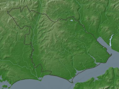 Yeni Orman, İngiltere 'nin metropolitan olmayan bölgesi, Büyük Britanya. Yükseklik haritası göller ve nehirlerle wiki stilinde renklendirilmiştir
