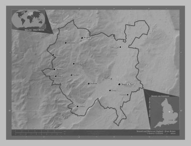 Newark ve Sherwood, İngiltere 'nin metropolitan olmayan bölgesi - Büyük Britanya. Gölleri ve nehirleri olan gri tonlama yükseklik haritası. Bölgenin büyük şehirlerinin yerleri ve isimleri. Köşedeki yedek konum haritaları