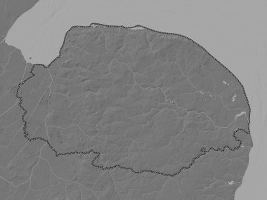 Norfolk, İngiltere idari bölgesi, Büyük Britanya. Gölleri ve nehirleri olan çift seviyeli yükseklik haritası
