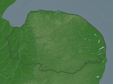 Norfolk, İngiltere idari bölgesi, Büyük Britanya. Yükseklik haritası göller ve nehirlerle wiki stilinde renklendirilmiştir