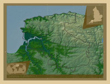 Kuzey Devon, İngiltere 'nin metropolitan olmayan bölgesi - Büyük Britanya. Gölleri ve nehirleri olan renkli yükseklik haritası. Köşedeki yedek konum haritaları