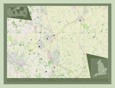 Kuzey Hertfordshire, İngiltere 'nin metropolitan olmayan bölgesi - Büyük Britanya. Açık Sokak Haritası. Bölgenin büyük şehirlerinin yerleri. Köşedeki yedek konum haritaları