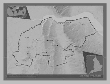 İngiltere 'nin üniter otoritesi, Büyük Britanya. Gölleri ve nehirleri olan gri tonlama yükseklik haritası. Bölgenin büyük şehirlerinin yerleri ve isimleri. Köşedeki yedek konum haritaları