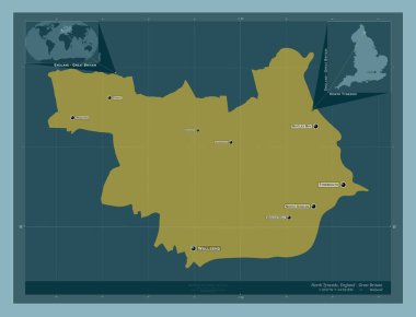 Kuzey Tyneside, İngiltere idari kontluğu - Büyük Britanya. Katı renk şekli. Bölgenin büyük şehirlerinin yerleri ve isimleri. Köşedeki yedek konum haritaları