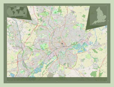 Nottingham şehri, İngiltere 'nin üniter otoritesi, Büyük Britanya. Açık Sokak Haritası. Köşedeki yedek konum haritaları