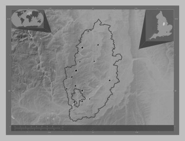 Nottinghamshire, İngiltere idari kontluğu - Büyük Britanya. Gölleri ve nehirleri olan gri tonlama yükseklik haritası. Bölgenin büyük şehirlerinin yerleri. Köşedeki yedek konum haritaları