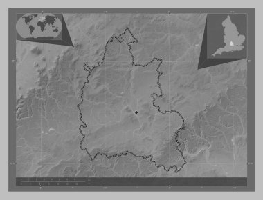 Oxfordshire, İngiltere idari kontluğu - Büyük Britanya. Gölleri ve nehirleri olan gri tonlama yükseklik haritası. Köşedeki yedek konum haritaları