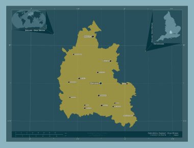 Oxfordshire, İngiltere idari kontluğu - Büyük Britanya. Katı renk şekli. Bölgenin büyük şehirlerinin yerleri ve isimleri. Köşedeki yedek konum haritaları