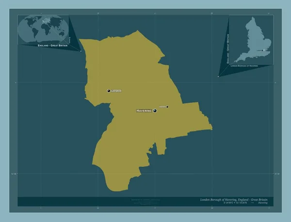 英国伦敦Havering区的伦敦自治区 大不列颠 固体的颜色形状 该区域主要城市的地点和名称 角辅助位置图 — 图库照片
