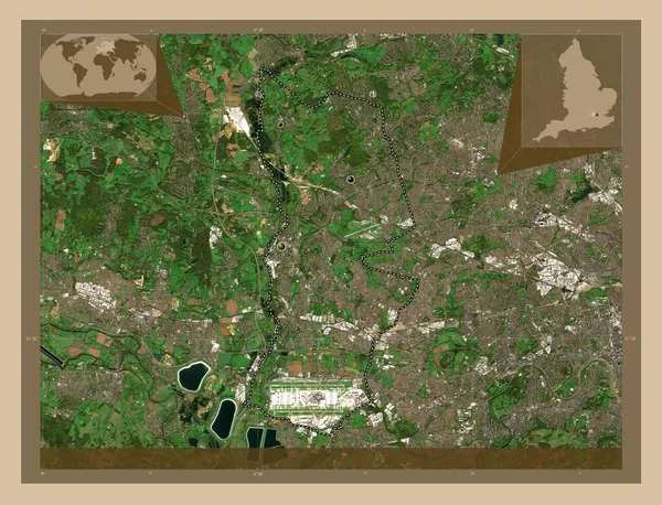ロンドン ヒリングドン ロンドン イングランド イギリス 低解像度衛星地図 地域の主要都市の場所 コーナー補助位置図 — ストック写真
