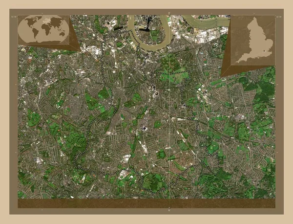 ロンドン ルイスハム ロンドン イングランド イギリス 低解像度衛星地図 地域の主要都市の場所 コーナー補助位置図 — ストック写真