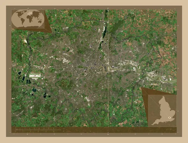 英格兰的伦敦 大不列颠 低分辨率卫星地图 该区域主要城市的所在地点 角辅助位置图 — 图库照片