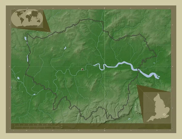 英格兰的伦敦 大不列颠 用Wiki风格绘制的带有湖泊和河流的高程地图 角辅助位置图 — 图库照片