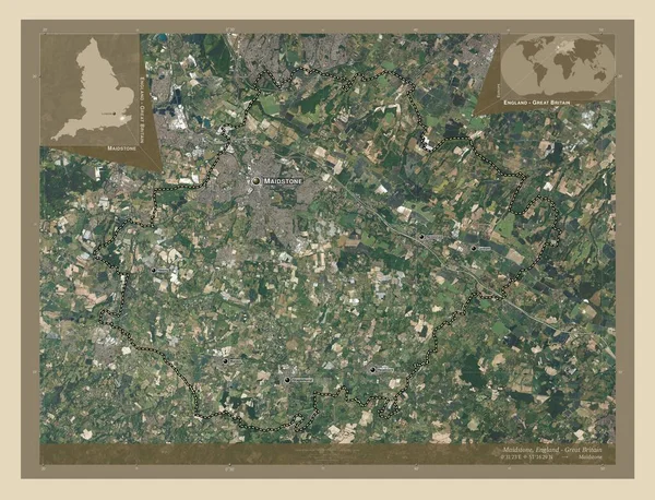梅德斯通 英格兰非大都市地区 大不列颠 高分辨率卫星地图 该区域主要城市的地点和名称 角辅助位置图 — 图库照片