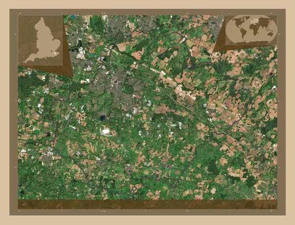 イギリスの非大都市圏であるメイドストーン 英語版 イギリス 低解像度衛星地図 地域の主要都市の場所 コーナー補助位置図 — ストック写真