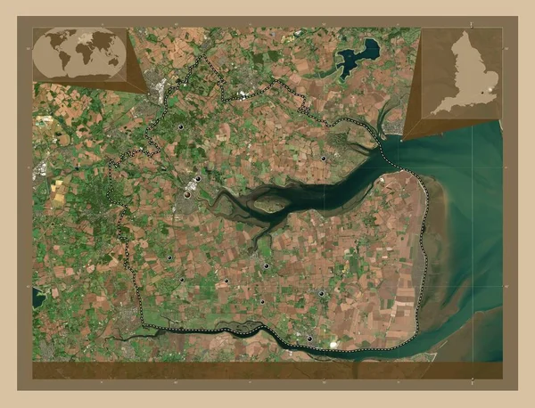 イギリスの非大都市圏 マルドン イギリス 低解像度衛星地図 地域の主要都市の場所 コーナー補助位置図 — ストック写真