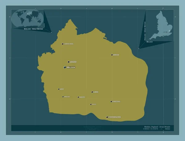 イギリスの非大都市圏 マルドン イギリス しっかりした色の形 地域の主要都市の位置と名前 コーナー補助位置図 — ストック写真