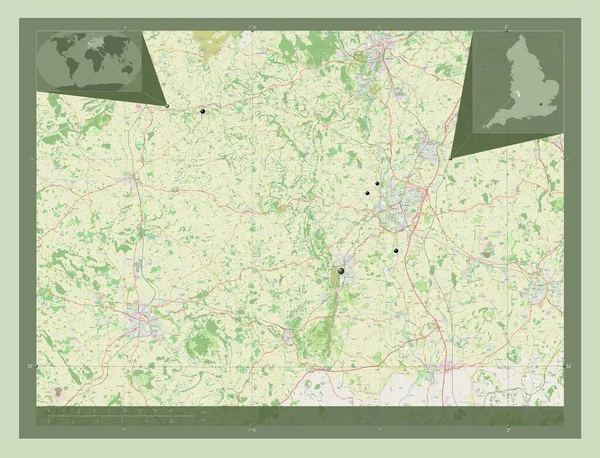 イングランドの非大都市圏であるマルバーンヒルズ イギリス ストリートマップを開く 地域の主要都市の場所 コーナー補助位置図 — ストック写真