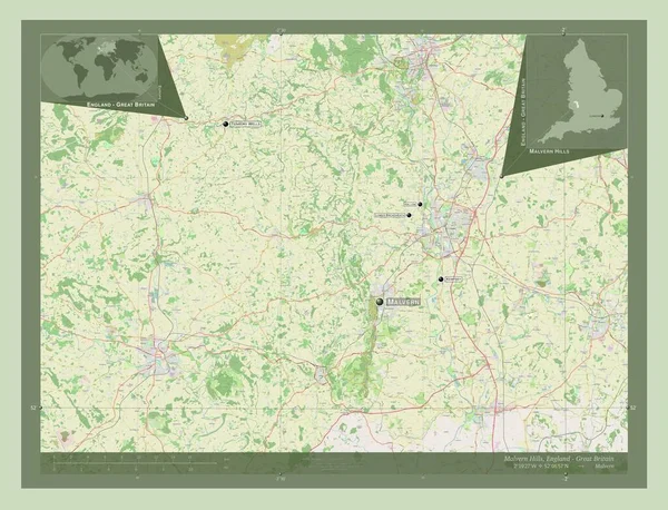 英国非大都市地区的Malvern Hills 开放街道地图 该区域主要城市的地点和名称 角辅助位置图 — 图库照片
