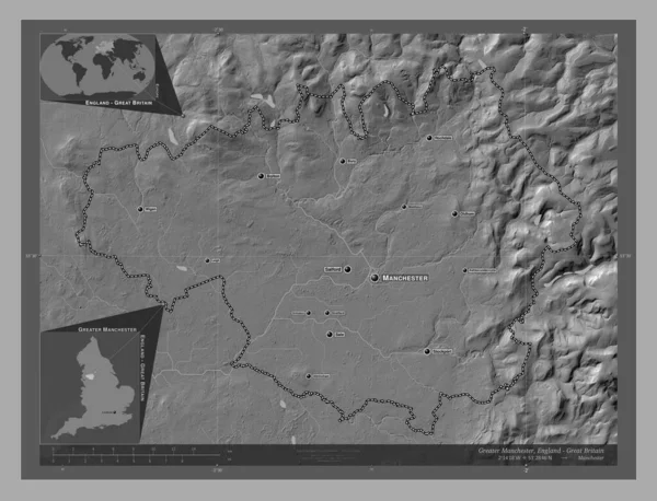 Greater Manchester Περιφέρεια Αγγλίας Μεγάλη Βρετανία Bilevel Υψομετρικός Χάρτης Λίμνες — Φωτογραφία Αρχείου
