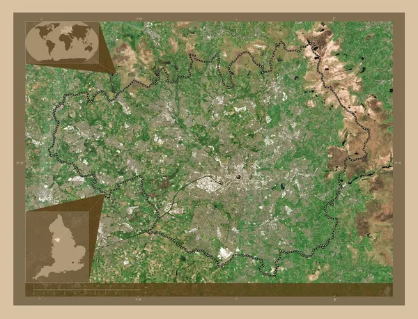 大マンチェスター イギリスの地域 イギリス 低解像度衛星地図 コーナー補助位置図 — ストック写真