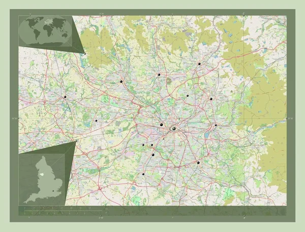 大曼彻斯特 英格兰地区 大不列颠 开放街道地图 该区域主要城市的所在地点 角辅助位置图 — 图库照片