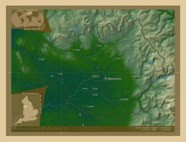 Большой Манчестер Регион Англии Великобритания Цветная Карта Высоты Озерами Реками — стоковое фото