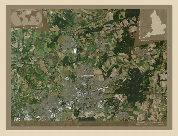 曼斯菲尔德 英格兰非大都市地区 大不列颠 高分辨率卫星地图 该区域主要城市的地点和名称 角辅助位置图 — 图库照片