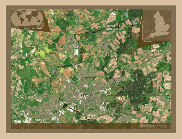 イングランドの非都市圏 マンスフィールド イギリス 低解像度衛星地図 地域の主要都市の位置と名前 コーナー補助位置図 — ストック写真
