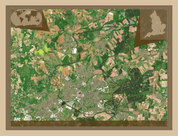 イングランドの非都市圏 マンスフィールド イギリス 低解像度衛星地図 コーナー補助位置図 — ストック写真