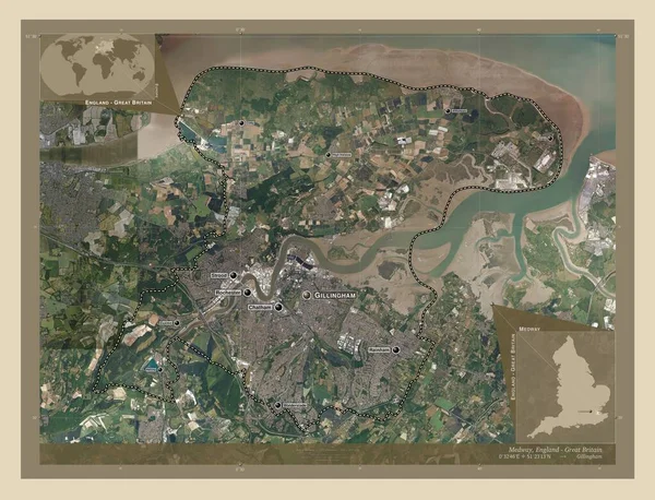梅德威 英格兰的统一权威 高分辨率卫星地图 该区域主要城市的地点和名称 角辅助位置图 — 图库照片