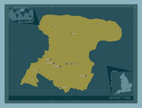 メドウェイ イギリスの統一当局 イギリス しっかりした色の形 地域の主要都市の位置と名前 コーナー補助位置図 — ストック写真