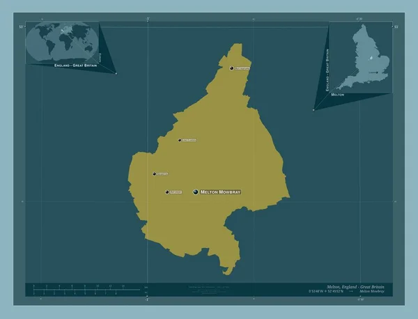 梅尔顿区 英格兰的非都市区 大不列颠 固体的颜色形状 该区域主要城市的地点和名称 角辅助位置图 — 图库照片