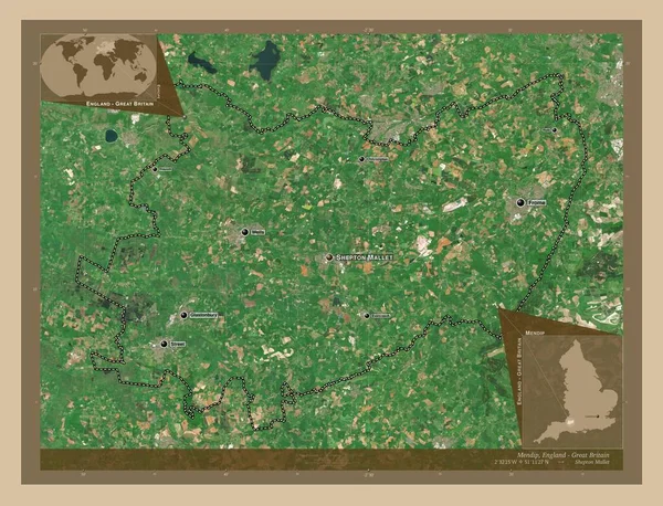 曼丁岛 英格兰的非大都市地区 大不列颠 低分辨率卫星地图 该区域主要城市的地点和名称 角辅助位置图 — 图库照片