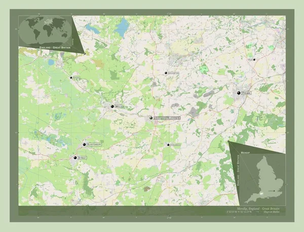 曼丁岛 英格兰的非大都市地区 大不列颠 开放街道地图 该区域主要城市的地点和名称 角辅助位置图 — 图库照片