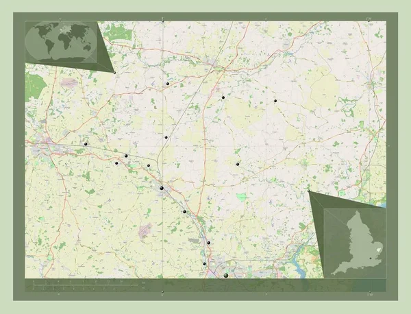 イングランドの首都圏ではない地区 ミッドサフォーク イギリス ストリートマップを開く 地域の主要都市の場所 コーナー補助位置図 — ストック写真
