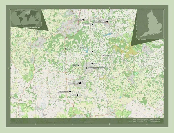ミッドサセックス イングランドの非大都市圏 イギリス ストリートマップを開く 地域の主要都市の位置と名前 コーナー補助位置図 — ストック写真