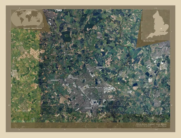 ミルトン ケインズ Milton Keynes イギリスの政治家 高解像度衛星地図 地域の主要都市の位置と名前 コーナー補助位置図 — ストック写真